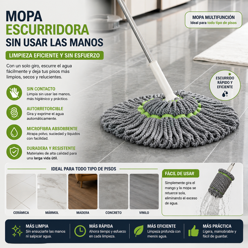 🧼✨ ¡LIMPIA MÁS RÁPIDO Y SIN ENSUCIARTE LAS MANOS! ✨🧼 <br> 🏠 Pisos impecables en minutos | 💧 Escurrido automático | 🙌 Sin esfuerzo <br> <span style="color:#dc2626;font-weight:900;">🔥 OFERTA ESPECIAL: 25% DE DESCUENTO</span>