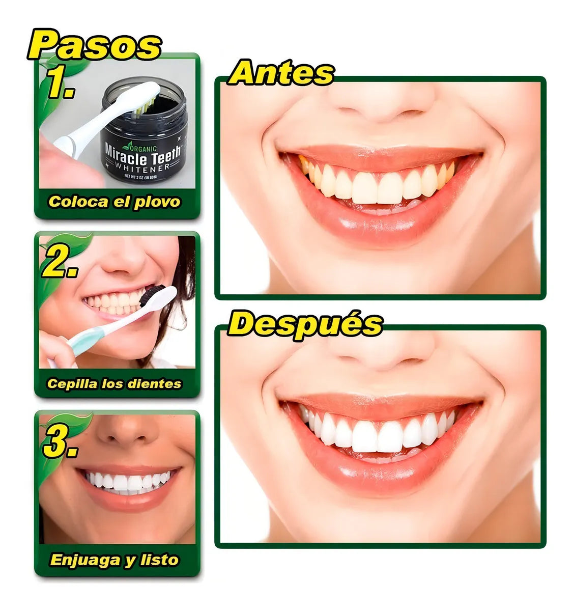 ✨ Miracle Teeth Whitener – Polvo Blanqueador Dental Natural con Carbón de Coco | Sin Peróxido | Como se ve en TV <br> <span style="color:#dc2626;font-weight:900;">🔥 OFERTA ESPECIAL: 25% DE DESCUENTO</span>